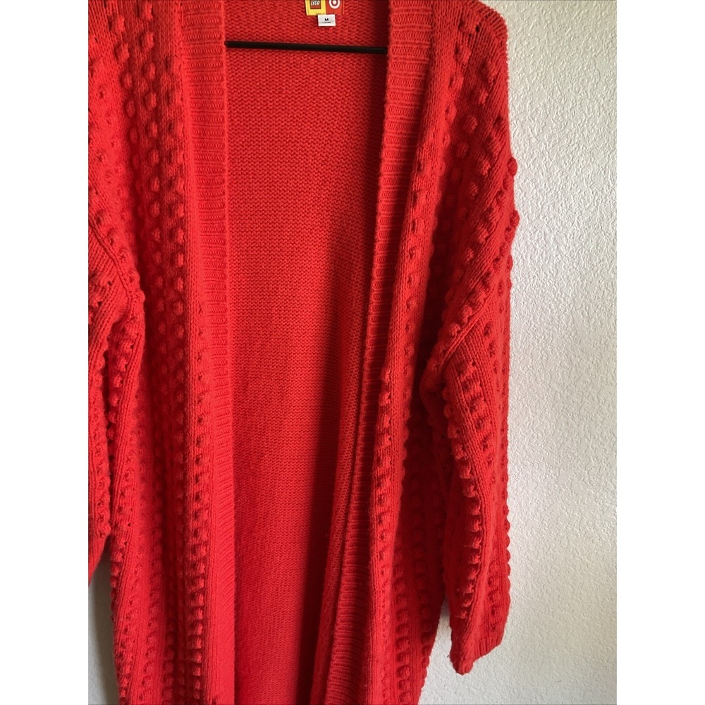 LEGO Target Women's Red Bobble Popcorn Knit Open Front Long Duster Sweater Sz M - Picture 5 of 9